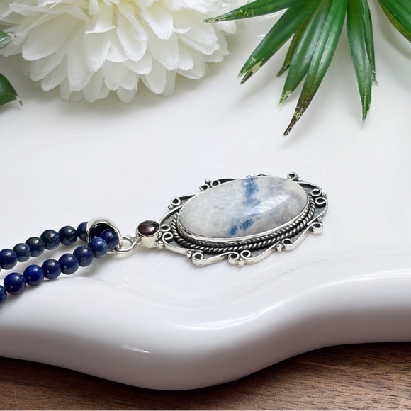 Garnet & Blue Scheelite Pendant Necklace Jewelry Set Lot Sapphire Earrings 925 - Picture 5 of 8